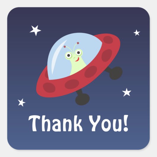 Space cartoon dank u stickers met leuke alien (Voorkant)