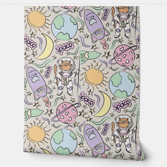 Space Cat - Cat Doodles - Astronaut Animals Behang (Afrollen)