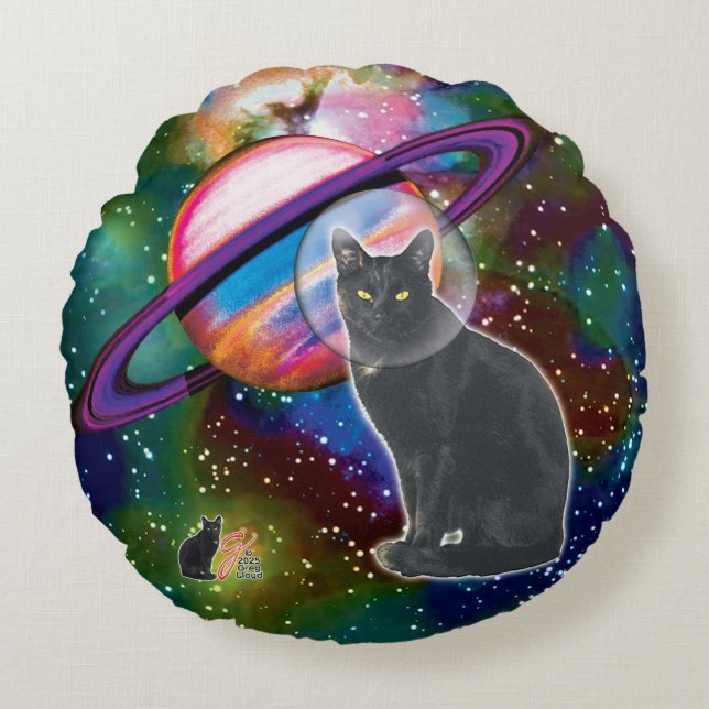 Space Cat Cosmo Rond Kussen (Voorkant)