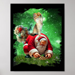 Space Cat Cowboy Riding Santa Eten Cookies Poster
