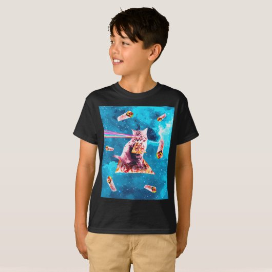 Space Cat Eating Pizza - Rainbow Laser Ogen, Burri T-shirt (Voorkant volledig)