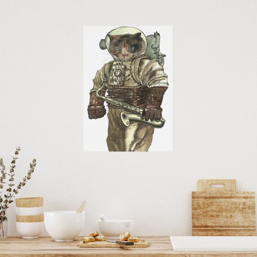 Space Cat with Saxophone Poster (Keuken)