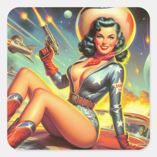  Space Cowgirl Pin Up Vierkante Sticker (Voorkant)