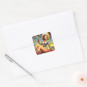 Space Cowgirl Pin Up Vierkante Sticker (Envelop)