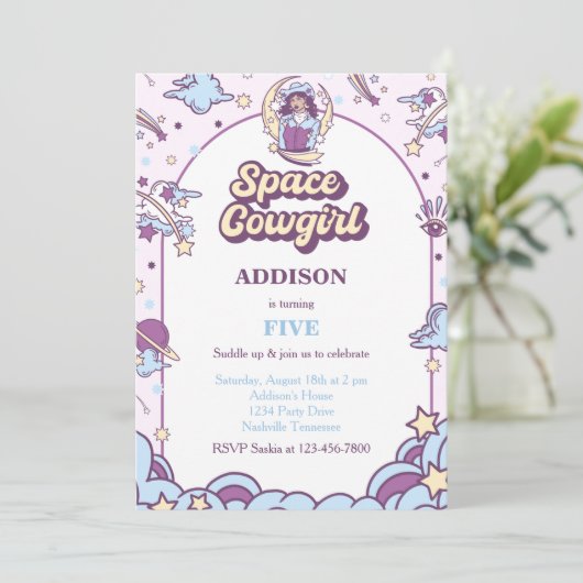 Space Cowgirl Western Invitation d'anniversaire (Debout devant)