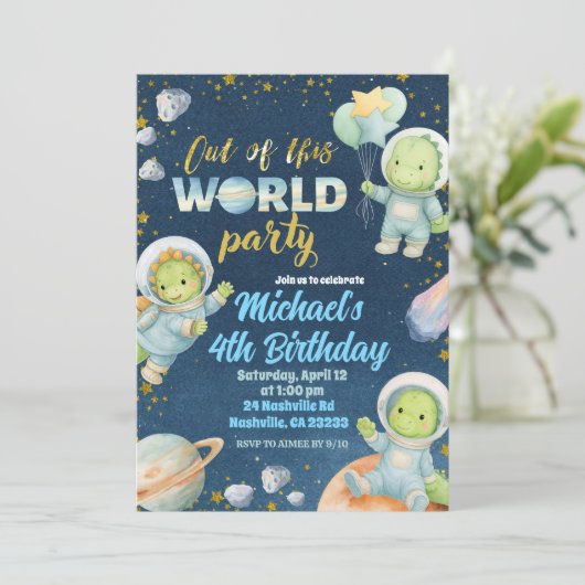 Space Dinosaur Birthday Invitation (Debout devant)