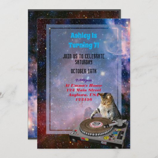 Space Dj Cat Funny Invitation (Devant / Derrière)