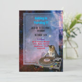 Space Dj Cat Funny Invitation Kaart (Staand voorkant)