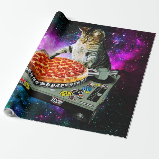 Space dj cat pizza cadeaupapier (Uitgerold)