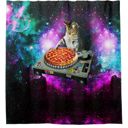 Space dj cat pizza douchegordijn (Voorkant)