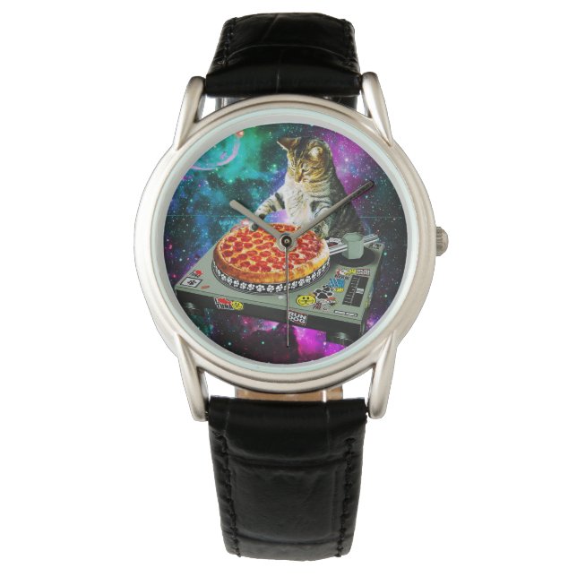 Space dj cat pizza horloge (Voorkant)
