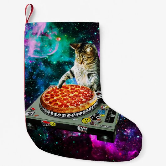 Space dj cat pizza kleine kerstsok (Voorkant)