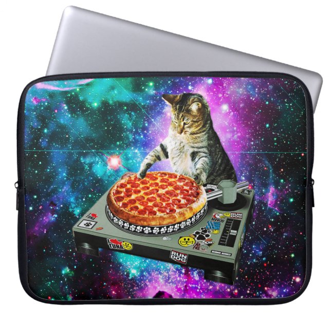 Space dj cat pizza laptop sleeve (Voorkant)