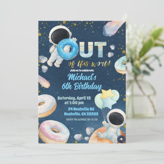 Space donuts Boy Birthday Invitation (Debout devant)