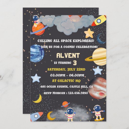 Space Explorers Verjaardag Uitnodiging voor Kinder (Voorkant / Achterkant)