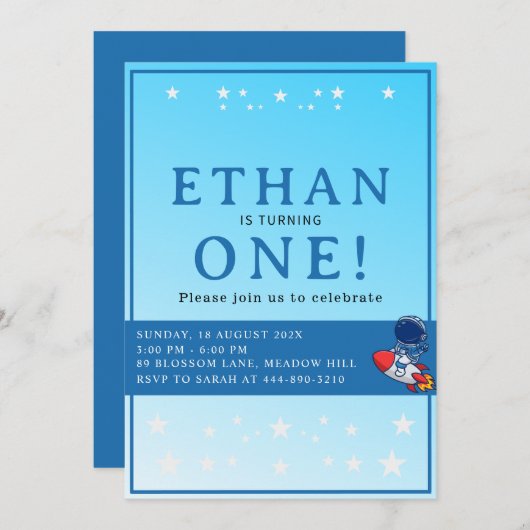 Space First Birthday Invitation – Astronaut Party (Devant / Derrière)
