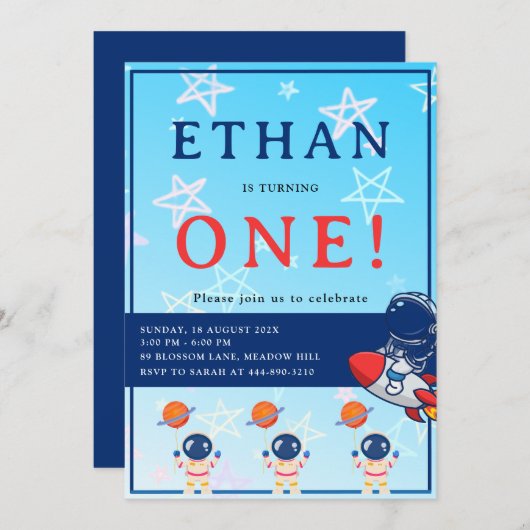 Space First Birthday Invitation – One Year Old Boy (Devant / Derrière)