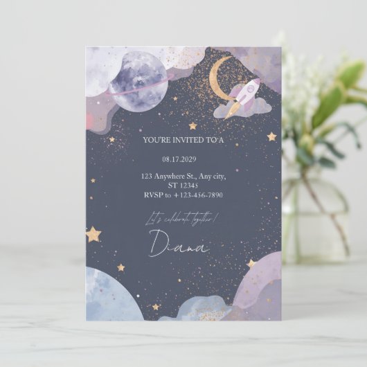 Space Galaxy Birthday Invitation (Debout devant)