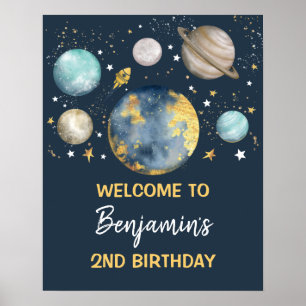 Space Galaxy Birthday Party Navy Gold Welkom Poster