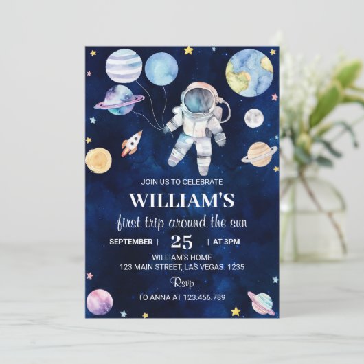 Space Galaxy Boy 1er Anniversaire Invitation (Debout devant)