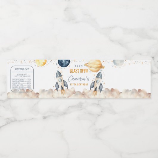 Space Galaxy Raket Schip Verjaardagsfeest Waterfles Etiket (Enkel label)
