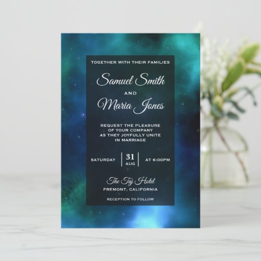 Space Nebula Blauw Groen Galaxy bruiloft uitnodigi Kaart (Staand voorkant)