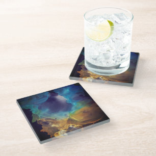 Space Nebula blue Alcohol Inkt art. Glazen Onderzetter