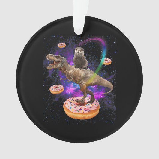 Space Otter Riding Dinosaur T-Rex Donuts Ornament (voorkant)