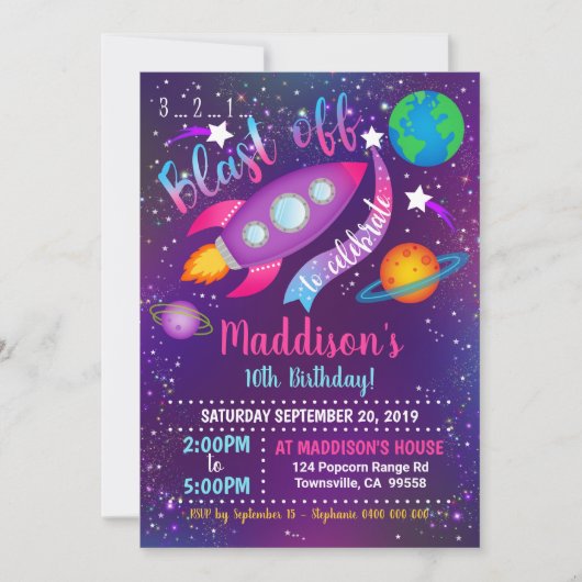 Space Party Invitation Girl Kaart (Voorkant)
