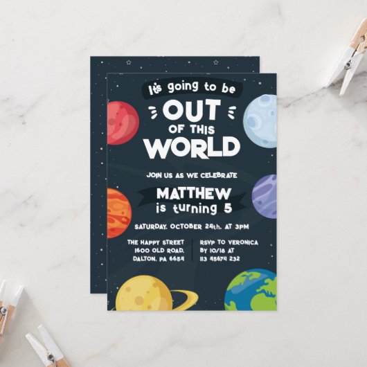 Space Planets Invitation for Birthday Party Galaxy Kaart (Voorkant / Achterkant in situ)