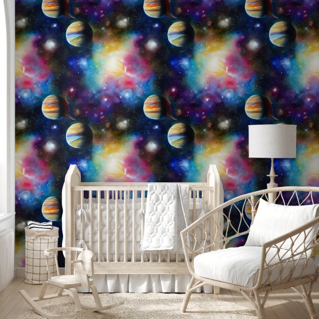 Space planets stars galaxy seamless pattern boys behang (Kinderen)