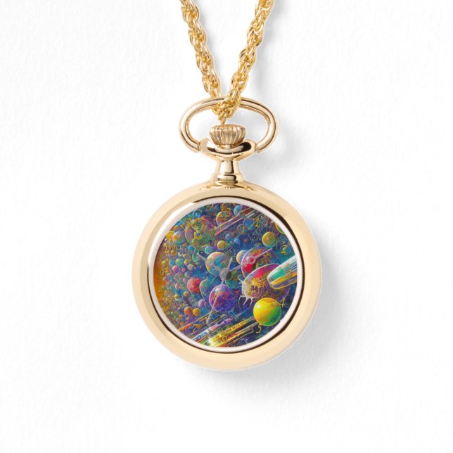 Space Race gouden ketting horloge w nummers (Voorkant)