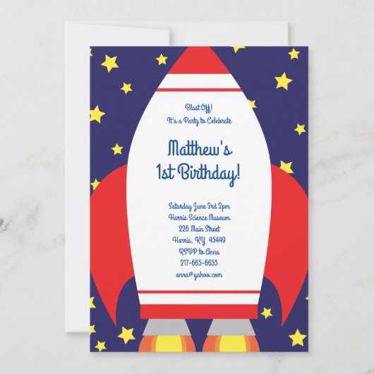 Space Rocket 1er Anniversaire Cute Invitations (Devant)
