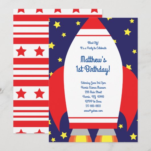 Space Rocket 1er Anniversaire Cute Invitations (Devant / Derrière)