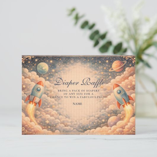 Space Rocket Clouds Diapper Raffle Informatiekaartje (Staand voorkant)