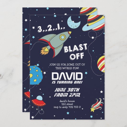 Space Rocket Galaxy Blast Off Boy Verjaardag Kaart (Voorkant / Achterkant)