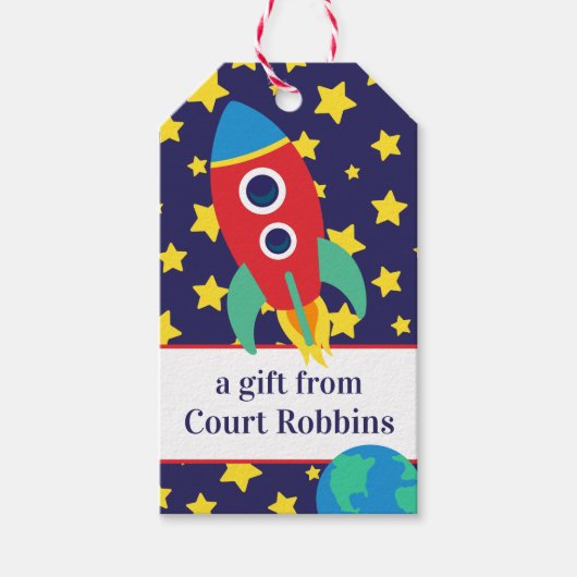 Space Rocket Gepersonaliseerde Gift Labels Cadeaulabel (Voorkant)