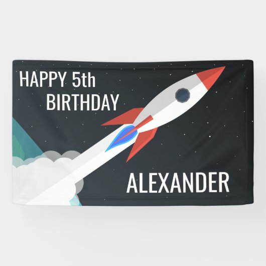 Space Rocket Gepersonaliseerde Kids Verjaardagsfee Spandoek (Horizontaal)
