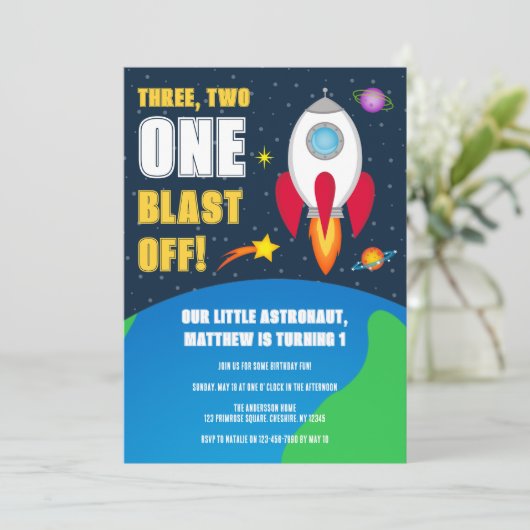 Space Rocket Ship 1st Birthday Party Invitation Kaart (Staand voorkant)
