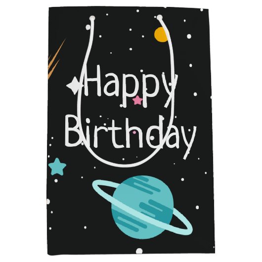 Space Rocket Ships en Planets op zwart Medium Cadeauzakje (Voorkant)