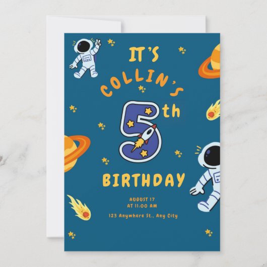Space Theme 5th Birthday Invitation for Boys (Devant)