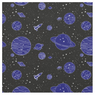 Space Theme Planets Rockets Stars op zwart Stof