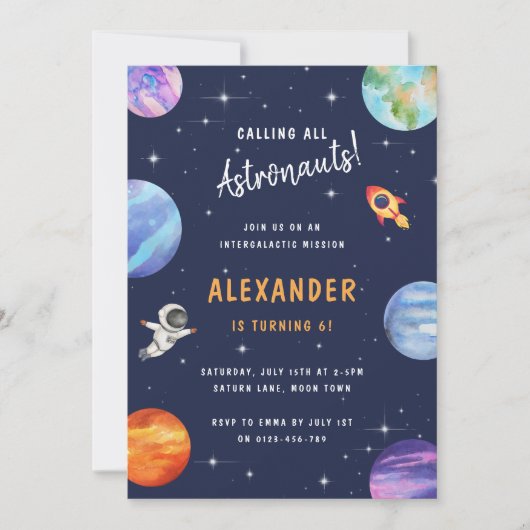 Space Theme Verjaardagsfeest Schattigee Waterverf Kaart (Voorkant)