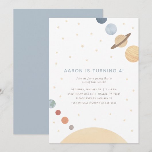 Space Waterverf Boy Birthday Party Invitation Kaart (Voorkant / Achterkant)