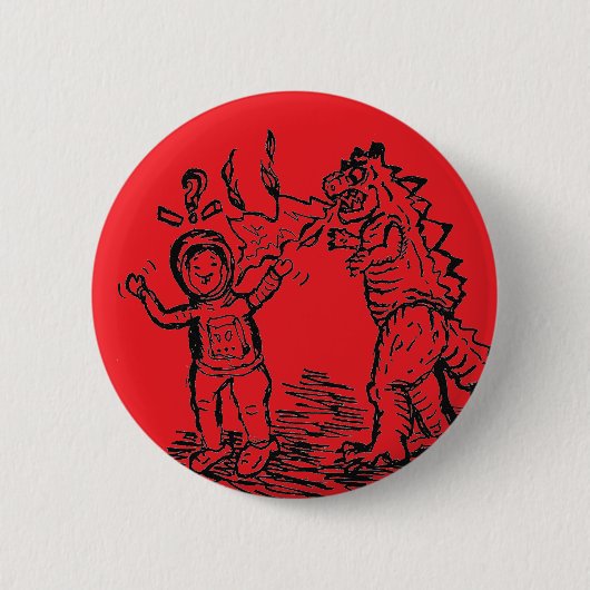 Spaceman versus Dinosaurus man pin rug Button rood (Voorkant)