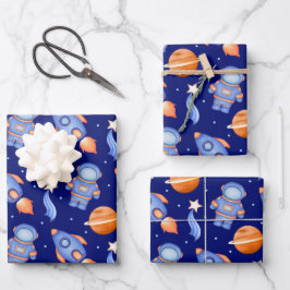 Spaceship & Planets Boys Birthday Astronaut Inpakpapier Vel