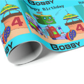 Spaceship Robots Birthday Boy's Personalize Name Cadeaupapier (Rol Hoek)