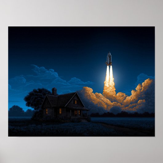 Spaceshuttle Raketlancering 's Nachts Achter Boerd Poster (Voorkant)