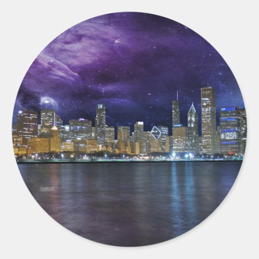 Spacey Chicago Skyline Ronde Sticker (Voorkant)