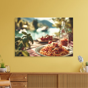 Spaghetti al Pomodoro op Lakeside picknicktafel Canvas Afdruk